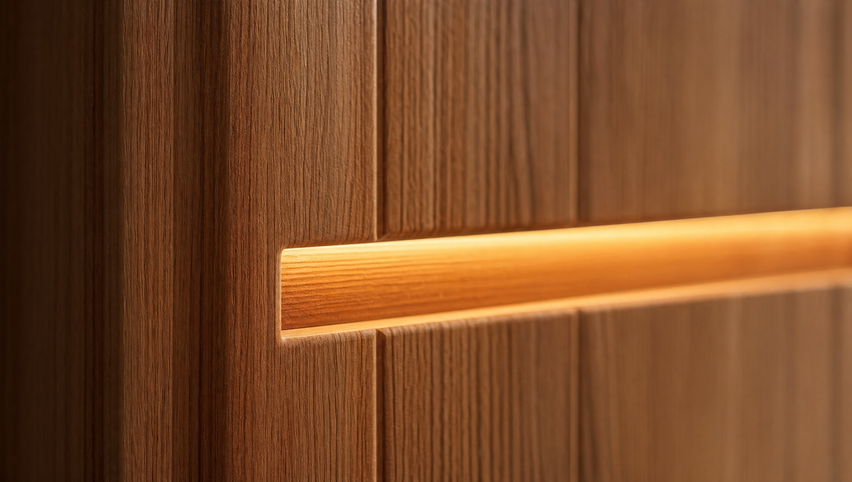 Close-up of hemlock wood grain paneling inside the SOLFORGE Recovery Sauna, with a warm amber LED accent strip highlighting the craftsmanship.