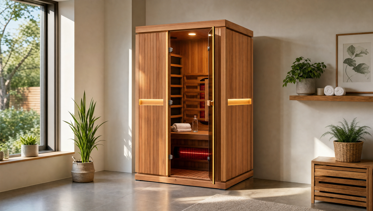 A wooden hot spring or sauna cabin with glass doors, illuminated by warm interior lights, set in a modern, sunlit room with plants and a window.