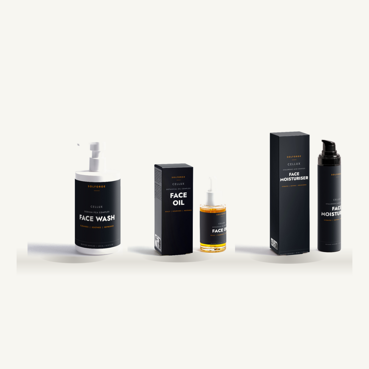 Built For Recovery gift set - Face Wash, Recovery Oil and Moisturiser on a shelf
