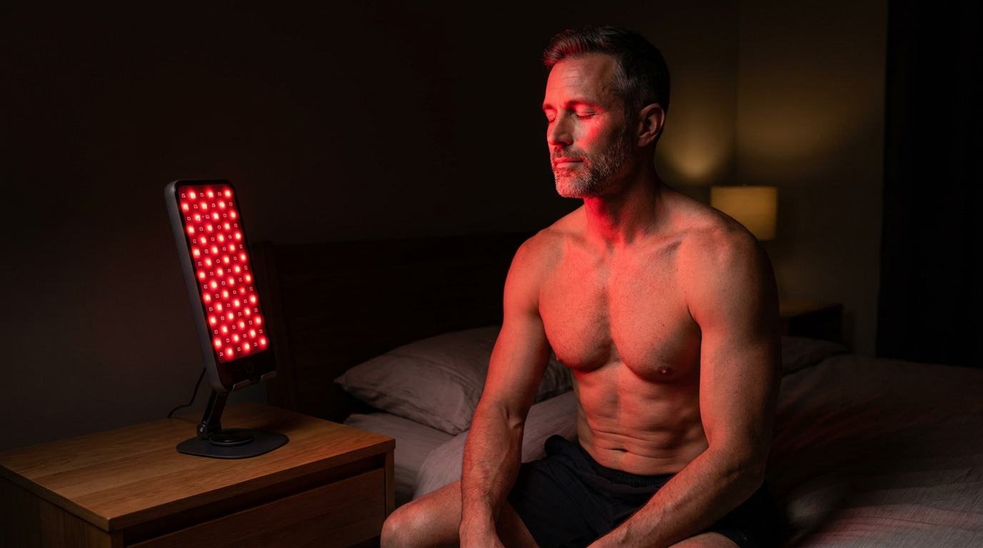 Man using the Cellux Core red light therapy panel after training