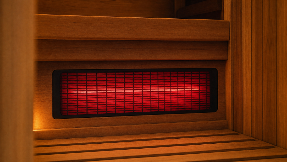Close-up of the glowing far infrared heating panel inside the SOLFORGE Recovery Sauna, built into the wooden cabin wall for deep-tissue heat therapy.