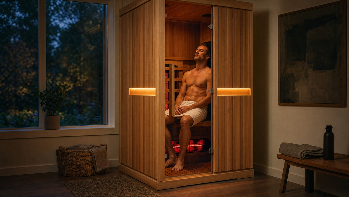 A shirtless man sits inside a wooden infrared sauna cabin in a dimly lit room, with warm light glowing from the interior and illuminated side panels.